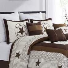 7 Pieces Modern Printed Bedding Comforter Sets With Geometric Star Pattern, Classic Color Block Patchwork Bed Set, Decorative Bed In A Bag With Down Alternative Filling - Beige - View 2