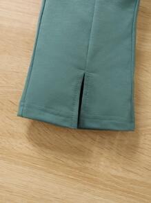 Young Girls Heart Graphic Print Sweatshirt & Solid Color Sweatpants Casual Set - Olive Green - View 6