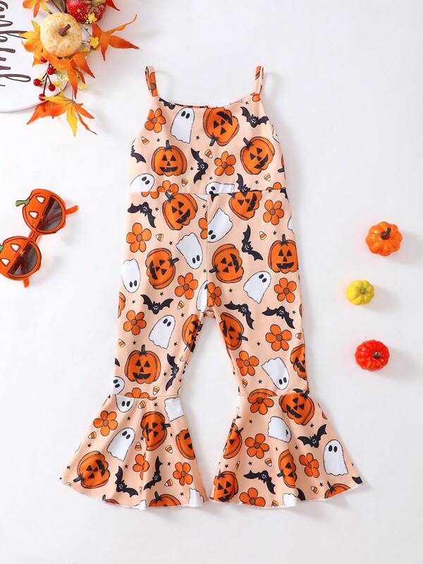 Babymeisje Halloween Pompoen Print Oranje Romper - Zacht & Comfortabel, Verstelbare Bandjes