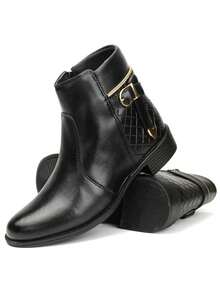Elegant Zipper Boot With Rubber Sole - Side Buckle - 黑色 - 查看 4
