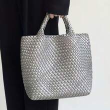 手工编织包包手提包新款单肩包大容量手提包高档女士包包腋下包 - 銀色 - 查看 1