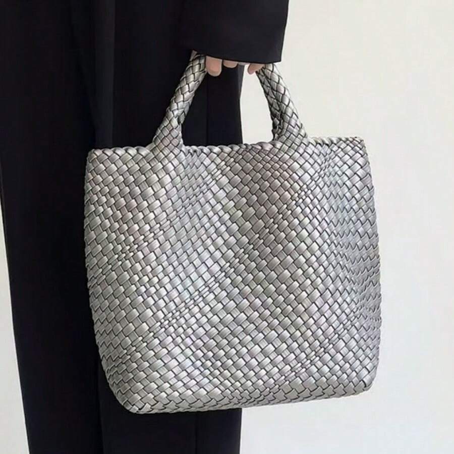 手工编织包包手提包新款单肩包大容量手提包高档女士包包腋下包 - 銀色 - 查看 1