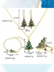 6 件/套新款可爱阿拉伯数字刻度卡通圣诞老人和雪人印花表盘网状表带石英表 + 圣诞树幼苗手链首饰套装，适合生日礼物、圣诞礼物 - 紅色 - 查看 3