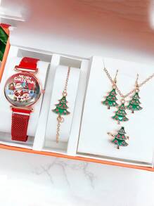 6 件/套新款可爱阿拉伯数字刻度卡通圣诞老人和雪人印花表盘网状表带石英表 + 圣诞树幼苗手链首饰套装，适合生日礼物、圣诞礼物 - 紅色 - 查看 1