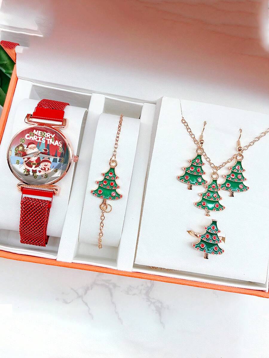 6 件/套新款可爱阿拉伯数字刻度卡通圣诞老人和雪人印花表盘网状表带石英表 + 圣诞树幼苗手链首饰套装，适合生日礼物、圣诞礼物 - 紅色 - 查看 1