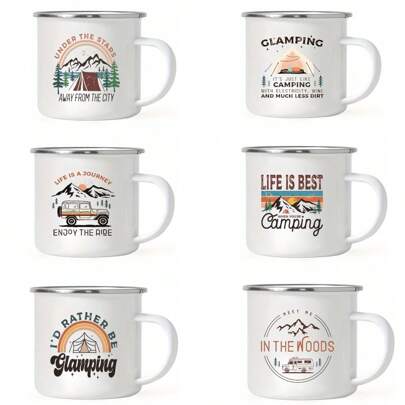 1PC Vintage Camping Style Pattern Enamel Cup Coffee Cup Good Gift For Family Birthday Christmas New Year Anniversary Outdoor Gift For Teachers And Classmates