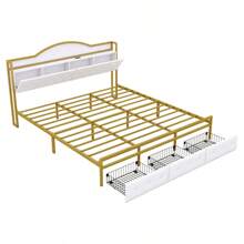 Metal Platform Bed With 3 Drawers, Storage Headboard, King, Gold