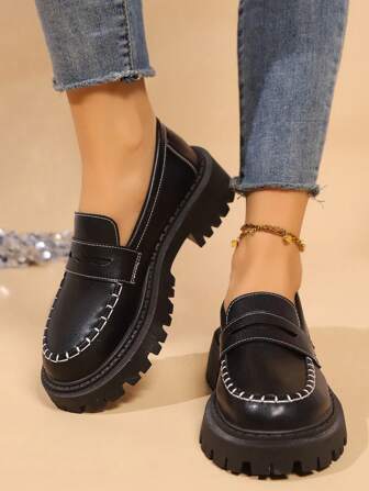 New Retro Thick Sole Black Loafer Shoes, Fashionable & Elegant Platform Slip-On Casual Shoes For Women