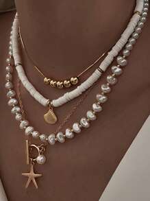 Set di 4 collane da spiaggia da vacanza, con conchiglie, perle barocche e stile bohémien vintage, per donne