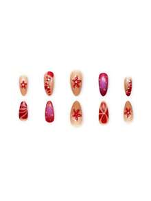 1 hộp/24 chiếc móng tay giả Acrylic Ombre hình ngôi sao 3D lấp lánh, Bộ quà tặng bao gồm móng tay nhọn màu hạnh nhân ngắn màu đỏ, 1 chiếc gel làm móng dạng thạch và 1 chiếc dũa móng - Nhiều màu - Xem 4