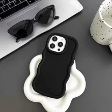 1 件炫彩极简马卡龙材质 3D 波浪黑哑光欧美风格个性梦幻柔和色彩全覆盖防摔清新炫彩波浪奶油纹理手机壳防水防震防刮 - 黑色 - 查看 4