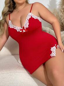 Plus Size Nữ Ren Nơ Phối Ren xẻ tà phía trước Váy xẻ tà viền ren - Đỏ - Xem 13