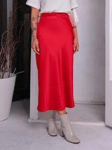 Satin Midi Skirt With Elastic - Đỏ - Xem 4