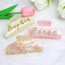 Gepersonaliseerde parel haar klauw, haarspeldjes, haarspeldjes met parel, diamanten haar klauw, haaraccessoires, aangepaste naam haarspeldjes, haar klauw, roze prinses cadeau, aangepaste strass naam haar klauw clips, bruiloft haaraccessoires, lente zomer felle kleuren
