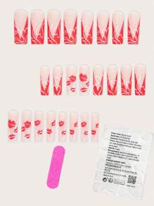 24入組長方形，適用於熱戀期的紅白對比顏色戀愛紅唇，甜辣法式全套假指甲，適用於女性和女孩，附贈果凍膠+1個磨光條，按壓式指甲，美甲用品 - 彩色 - 查看 2