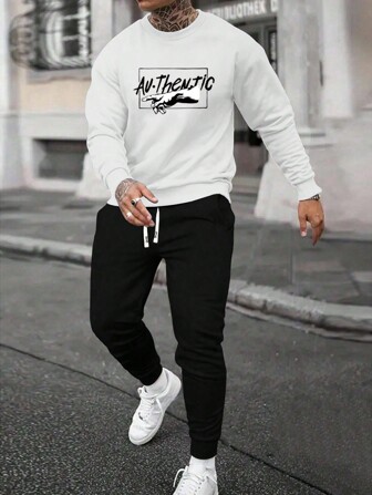 新款秋季男士字母印花运动服，常规版型休闲运动圆领运动衫和抽绳腰长裤