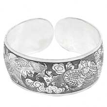 1pc Vintage Metal Embossed Auspicious Cloud, Elephant & Lotus Floral  Pattern  Textured Openwork Adjustable Bangle Bracelet, Fashion Accessory Gift For Women And Couples - Antique Silver - View 13