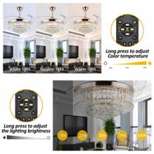 36 Inch Crystal Ceiling Fans With Lights, Modern Dimmable Fandelier LED Remote Control Retractable Invisible Blades Indoor Reversible Ceiling Light Kits With Fans For Decorate Living Room Bedroom - Gold - View 5