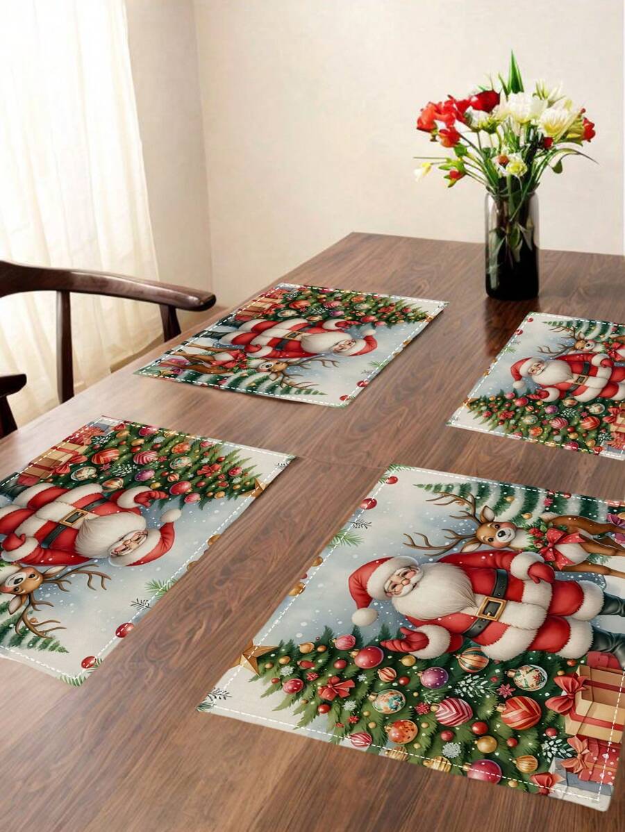 4Pcs Merry Christmas Santa Claus Placemats Tree Decorative Balls Deer Gifts Place Mats Heat Resistant Decorative Table Mats Desktop Table Tea Party Dining Tables - Multicolor - View 1