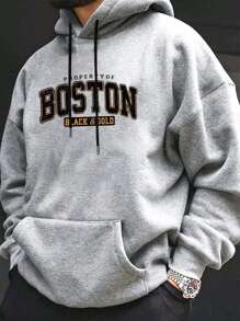 Plus Size Men's Boston English Letter Print Casual Drawstring Hoodie Sweatshirt