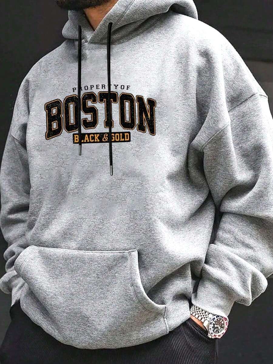 Plus Size Men's Boston English Letter Print Casual Drawstring Hoodie Sweatshirt