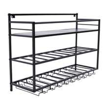 Futchoy Portabottiglie da Parete a 3 Livelli con Portabicchiere Portabottiglie in Metallo per 9 Bottiglie Portabottiglie con Ripiano per Tazze Adatto per Cucina, 31,5*9,8*21,6 Pollici