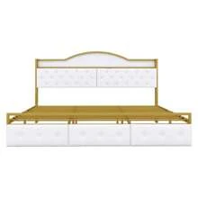 Metal Platform Bed With 3 Drawers, Storage Headboard, King, Gold