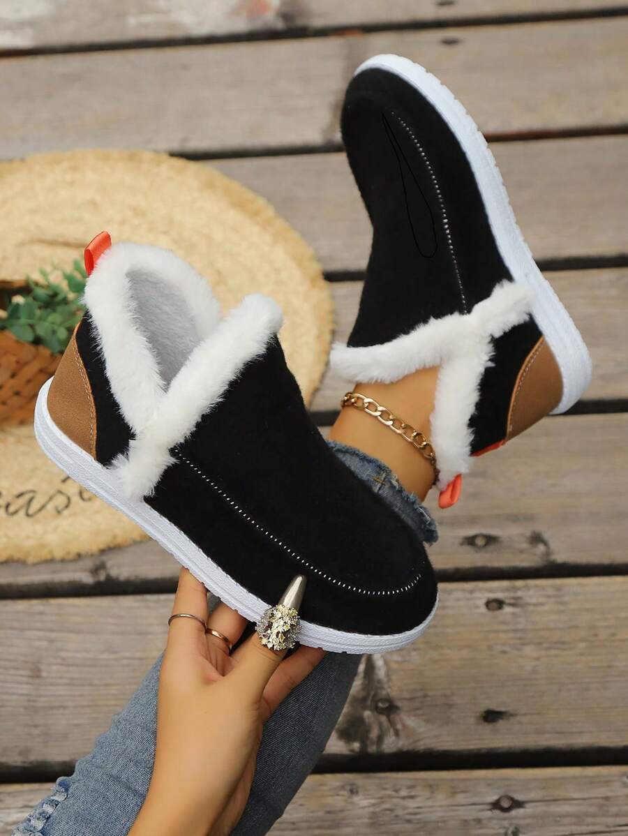 Fall/Winter Plus Size Women's Casual Patchwork Snow Boots, Lightweight, Comfortable Low-Top Fluffy Lined Warm Boots, Slip-On Loafers