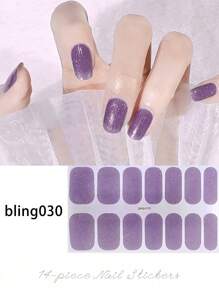 玫瑰粉色闪粉全覆盖美甲贴纸，光泽亮丽，易于DIY，持久耐用，适合派对和日常美甲佩戴。美甲用品 - 紫色 - 查看 10