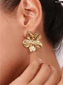 1 对时尚高端金属花卉耳钉，金色，优雅欧式耳环，适合女士休闲装 - 金黃色 - 查看 2