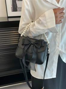 迷你方形包蝴蝶结和仿珍珠装饰翻盖，适合日常使用，是送给她的完美情人节礼物，女士蝴蝶结钱包，最佳情人节礼物之选 - 黑色 - 查看 3