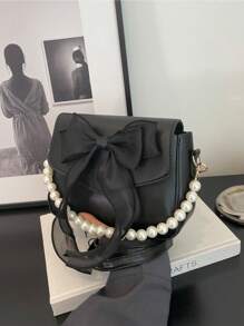 迷你方形包蝴蝶结和仿珍珠装饰翻盖，适合日常使用，是送给她的完美情人节礼物，女士蝴蝶结钱包，最佳情人节礼物之选 - 黑色 - 查看 8