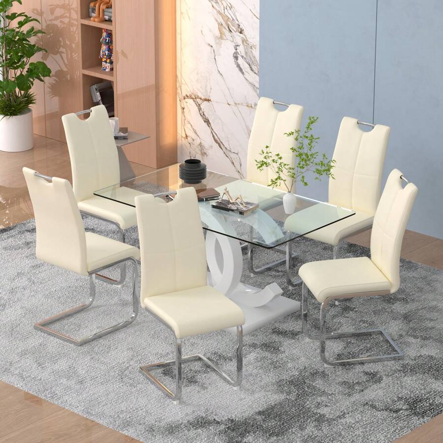 Sumdeal 63" Glass Dining Table With 4 Modern Chairs,Sumdeal 63" Glass Dining Table With 6 Modern Chairs, Golden/Silver - Bàn Trắng và 6 Ghế Kem Chân Bạc - Xem 1