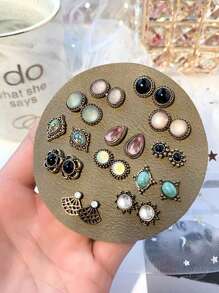 Vintage Turquoise & Cat Eye Stone Inlaid Earrings Set (12pairs) - Multicolor - View 1