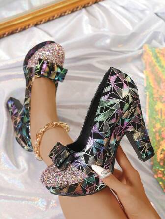 2024 Autumn New Sequin High-End Low Vamp Round Toe Bowknot Thick Heel Women Dress Shoes