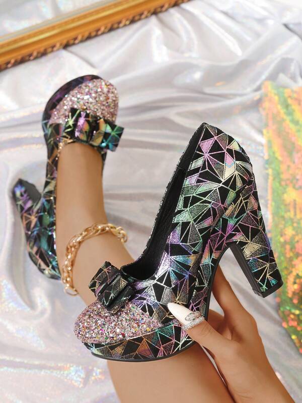 2024 Autumn New Sequin High-End Low Vamp Round Toe Bowknot Thick Heel Women Dress Shoes