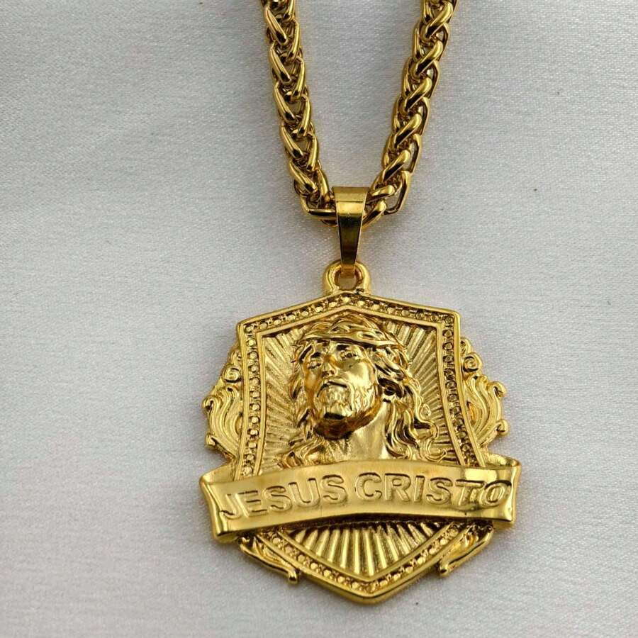 Chain Necklace Chain Cord Frieze Ancient Coin Large 18K Gold Pendant Jesus Owner Of The Place Does Not Darken - Yellow - View 1