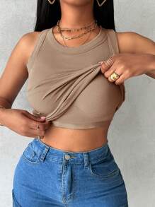 Ribbed Round Neck Built-In Bra Tank Top - Khaki - View 4