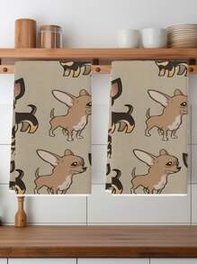 2条可爱吉娃娃图案厨房毛巾，送给爱狗人士的礼物，可用于洗碗或装饰厨房，尺寸：15.7 x 23.6 英寸 - 棕色 - 查看 1
