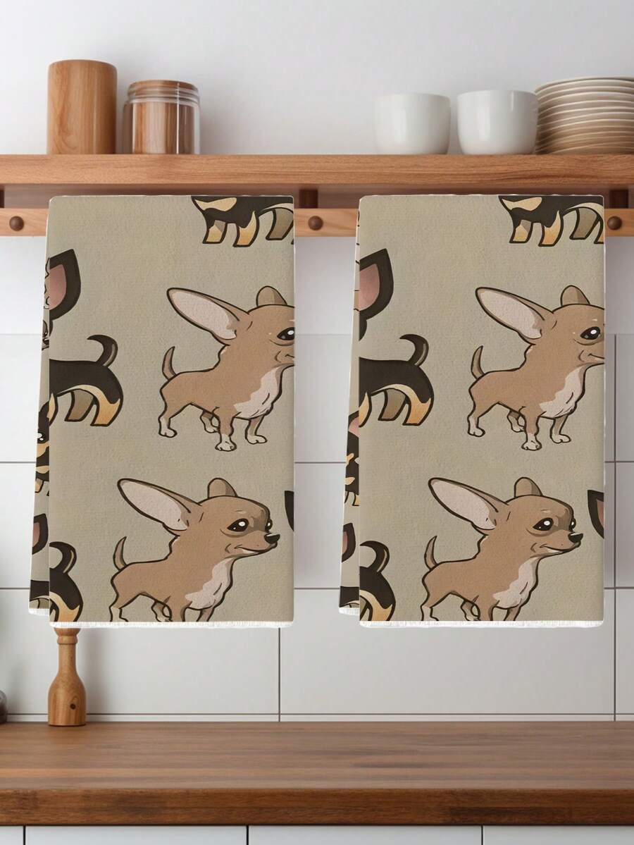 2条可爱吉娃娃图案厨房毛巾，送给爱狗人士的礼物，可用于洗碗或装饰厨房，尺寸：15.7 x 23.6 英寸 - 棕色 - 查看 1