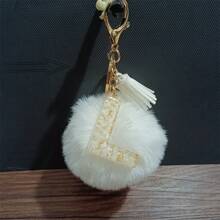 1pc Cute Letter Shaped Zinc Alloy Keychain, Keyring Spring/Summer/Autumn/Winter, Black English Letters & Fuzzy Ball Decor Car Accessories Bag Charm Backpack For School Goth Y2k Christmas Gift Ideas Bag Accessories Lanyards With Id Holder Car Accessories Bag Charms Car Teacher Friend Sister - Black + White - View 18