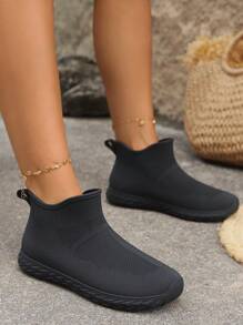 Bottes de pluie imperméables pour femmes, chaussures de pluie simples à texture tissée à la mode, style décontracté extérieur, à fond plat et coupe basse