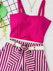 Women's Set Of Neoprene Crop Top With Padding + Striped Shorts With Belt - 玫紅色 - 查看 3