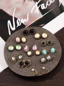 Vintage Turquoise & Cat Eye Stone Inlaid Earrings Set (12pairs) - Multicolor - View 4