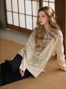 女士春秋季长袖上衣和裤子睡衣套装，标语图案休闲睡衣，两件套，秋冬服装 - 彩色 - 查看 3