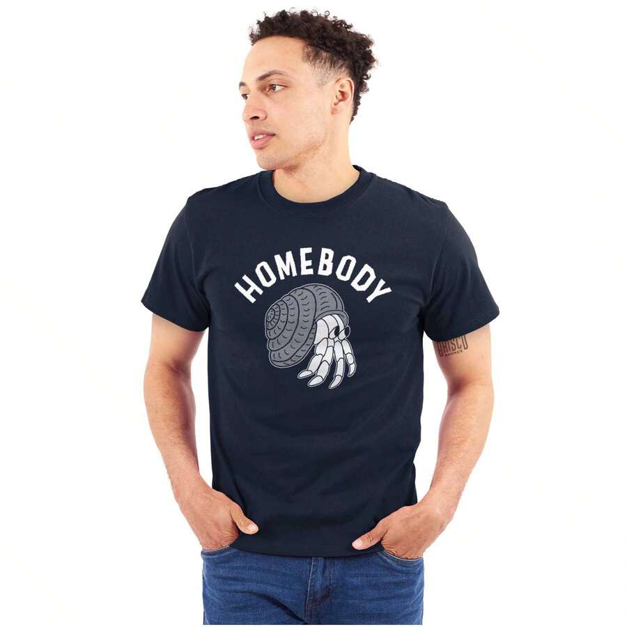 Animal Graphic Tee Shirt Pun Funny Hermit Crab Saying Homebody Joke Sarcastic Introvert Humor Casual Everyday Cotton Printed Short Sleeve Crewneck Tshirt - 海軍 - 查看 1