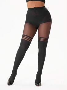 1 pieza Medias altas de mujer con estampado de jacquard, cómodas - Negro - Ver 1