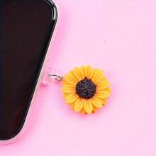 1 mặt dây chuyền hình hoa hướng dương bằng nhựa dễ thương, chống bụi, trang trí và bảo vệ điện thoại, tương thích với iPhone/Type-C - Màu vàng - Xem 2