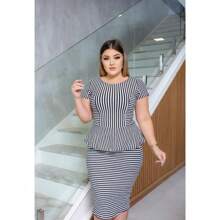 CONJUNTO PEPLUM MALHA COMÉIA MODA EVANGÉLICA FASHION EXECUTIVA PRETO COM BRANCO