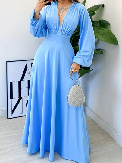 Women's Solid Deep V-Neck Lantern Sleeve Long Dress, Elegant For Autumn